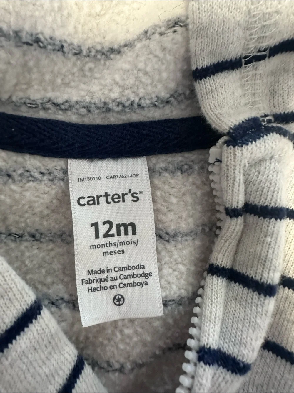 Carter's Cream and Navy Striped Hooded One-Piece